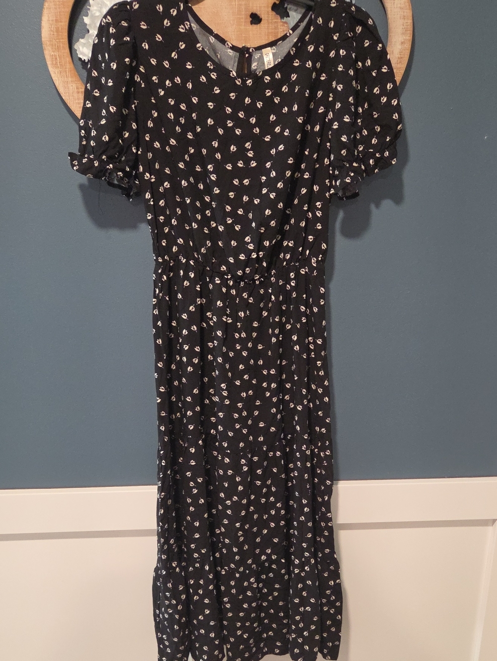 Black Floral Midi Dress with Puff Sleeves